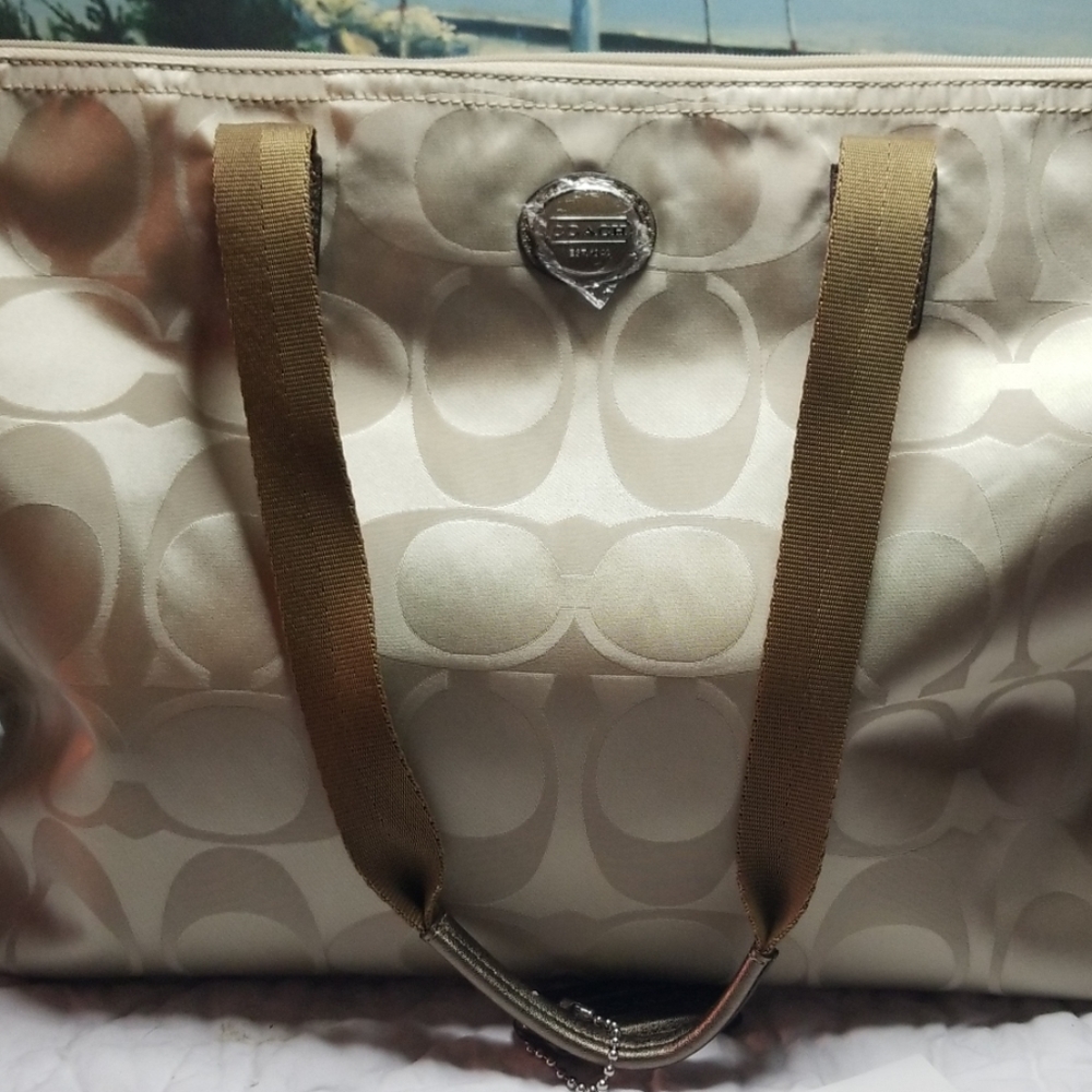 Clutch that snaps inside the tote.  Pink inside an